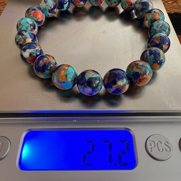 ❤️ Turquoise Spiny Oyster Lapis Composite Stretch Bracelet 12mm Sz 7 Adjustable - Picture 10 of 10